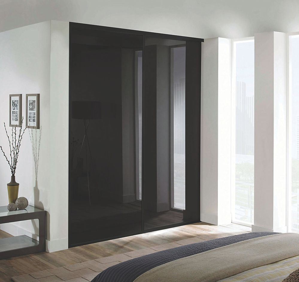 Spacepro Black Frame – Black Glass And Mirror Classic Sliding Wardrobe Door  Kits (all Sizes) – Sliding Wardrobe World In Black Glass Wardrobes (Gallery 12 of 20)