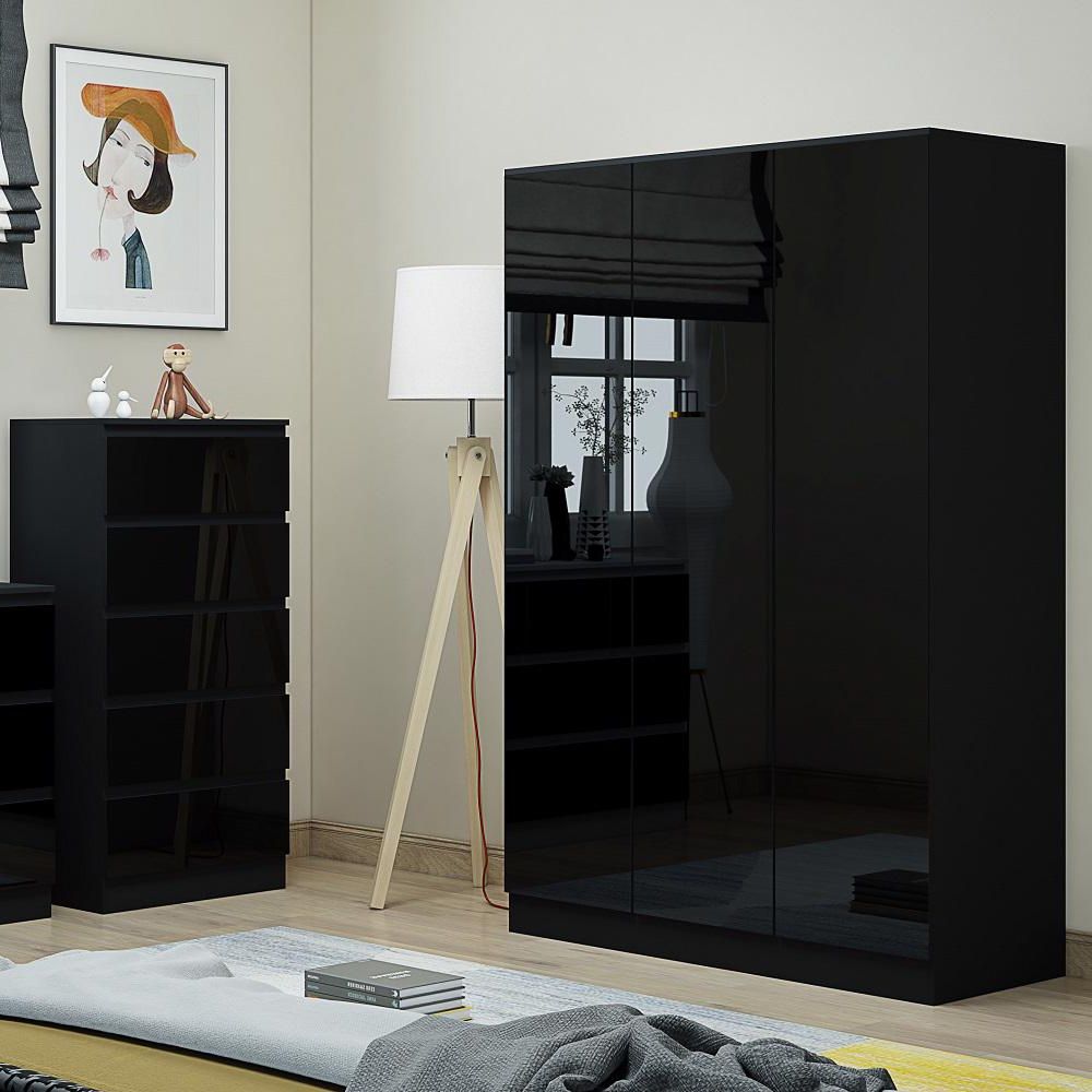 Stora Modern 3 Door Wardrobe – Black Gloss – Furnished With Style In Black 3 Door Wardrobes (View 17 of 20)