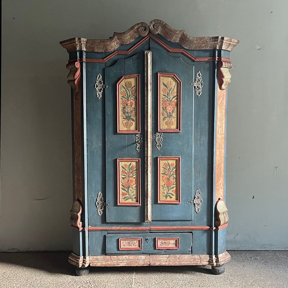 Superb Pine Marriage Cupboard In Rococo Style On Blue Ground – Armoires/ Cupboards With Regard To Rococo Wardrobes (View 17 of 20)
