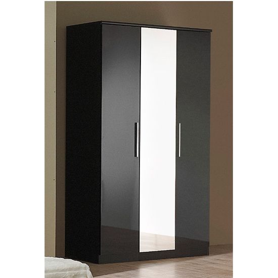 Topline Wooden Wardrobe In Black High Gloss With 3 Doors And Mirror Pertaining To Black Gloss 3 Door Wardrobes (View 9 of 20)