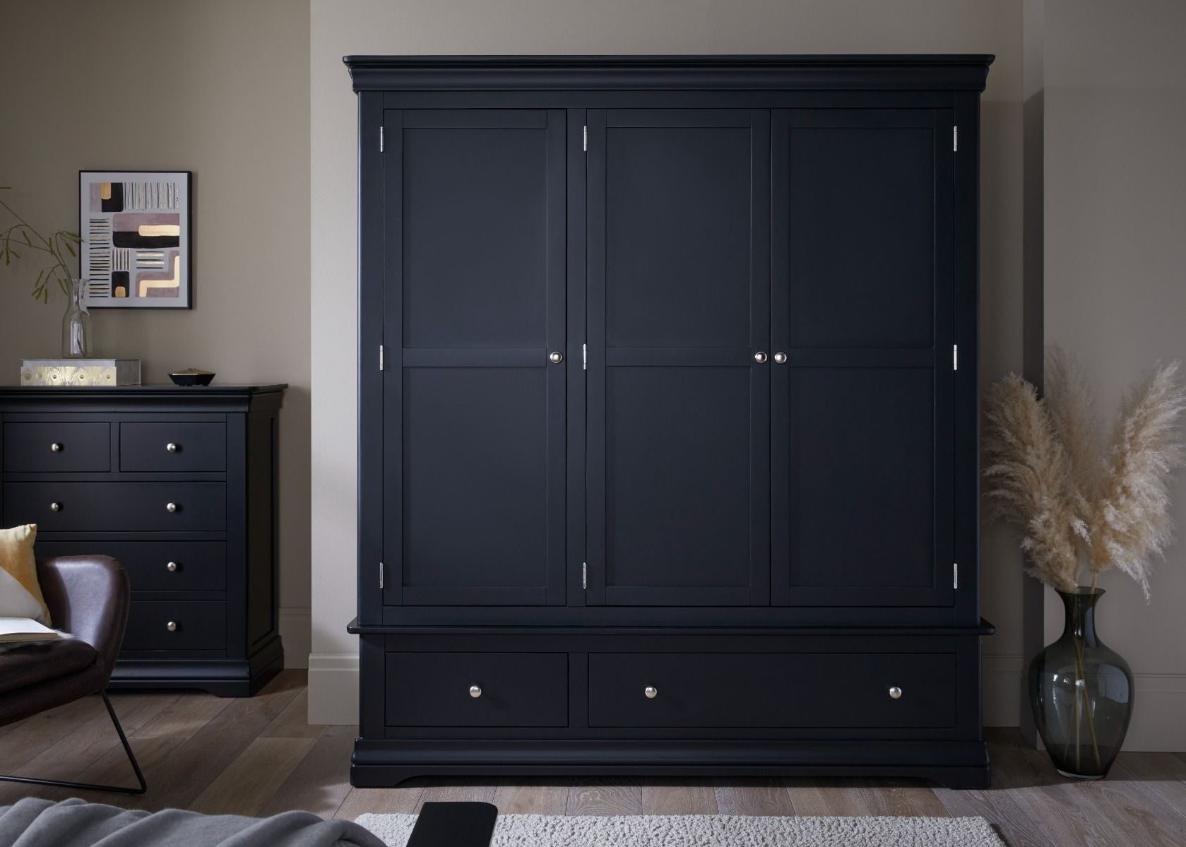 Toulouse Black Painted Large Triple Wardrobe With Drawer For Large Black Wardrobes (View 3 of 20)