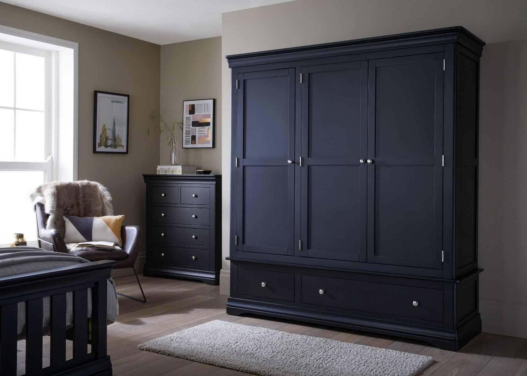 Toulouse Black Painted Large Triple Wardrobe With Drawer In Black Wardrobes (View 11 of 20)