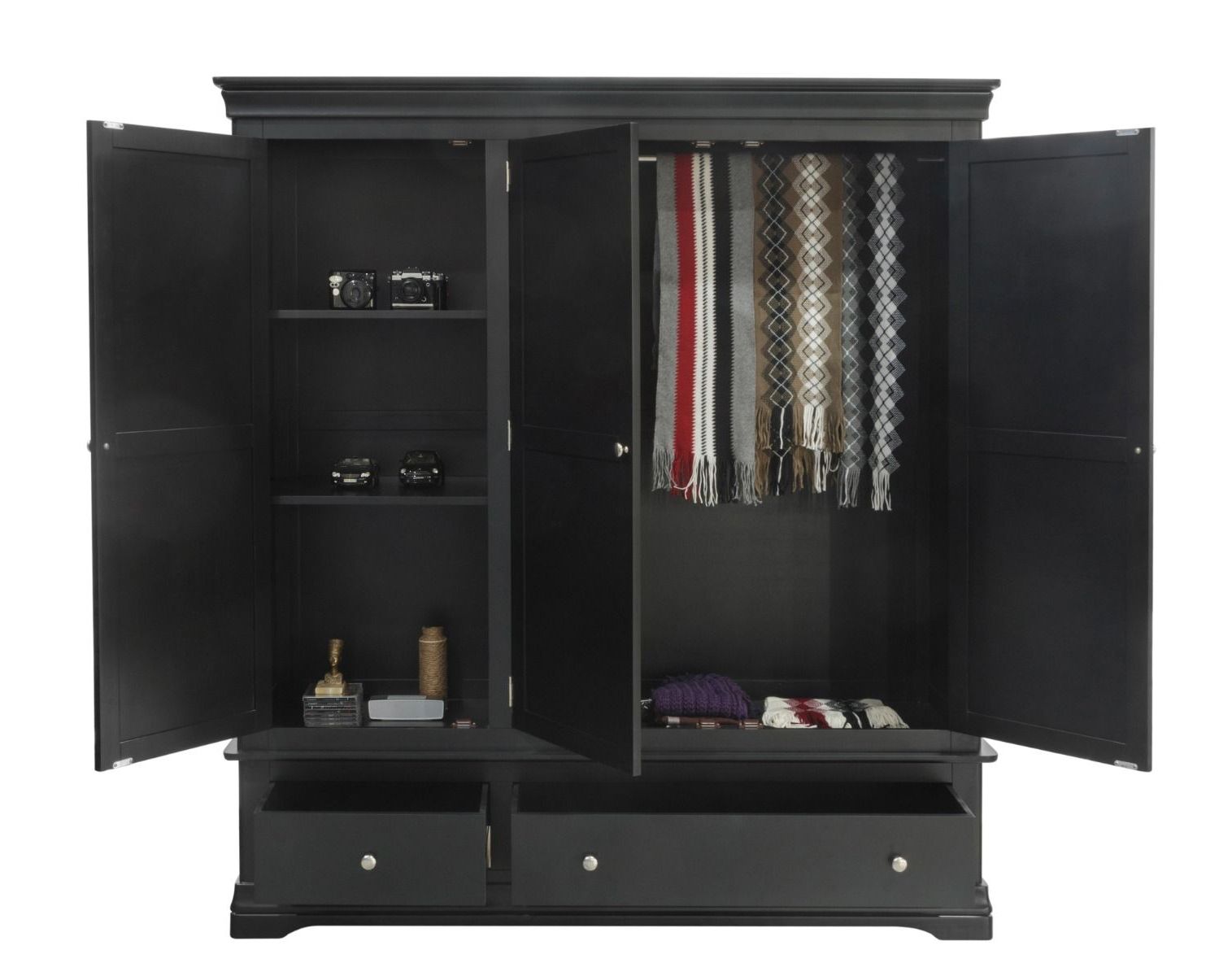 Toulouse Black Painted Large Triple Wardrobe With Drawer Throughout Large Black Wardrobes (View 8 of 20)