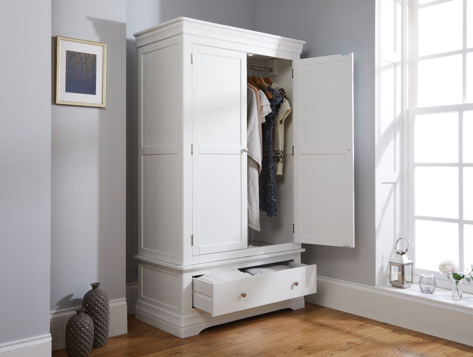 Toulouse White Painted Double Wardrobe With Drawer – Free Delivery | Top  Furniture With White Double Wardrobes With Drawers (View 3 of 20)
