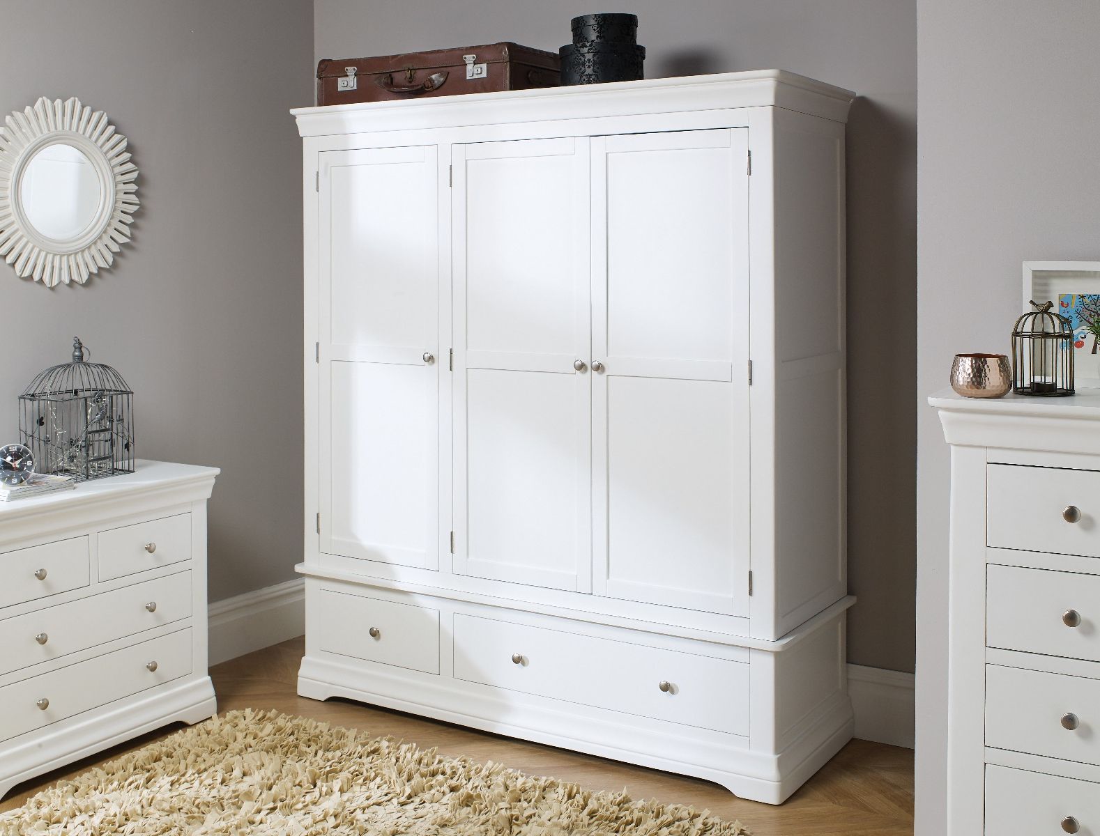 Toulouse White Painted Triple Wardrobe With Drawer – Free Delivery | Top  Furniture Throughout White Wood Wardrobes With Drawers (View 4 of 20)
