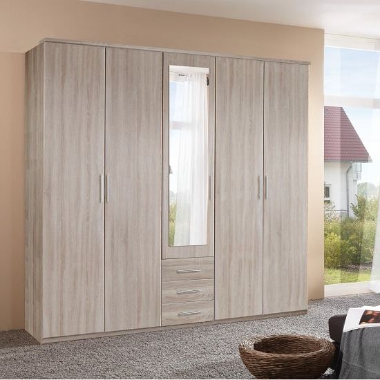 Tracy Mirrored Wardrobe In Oak Effect With 5 Doors 3 Drawers | Furniture In  Fashion In 5 Door Mirrored Wardrobes (View 10 of 20)