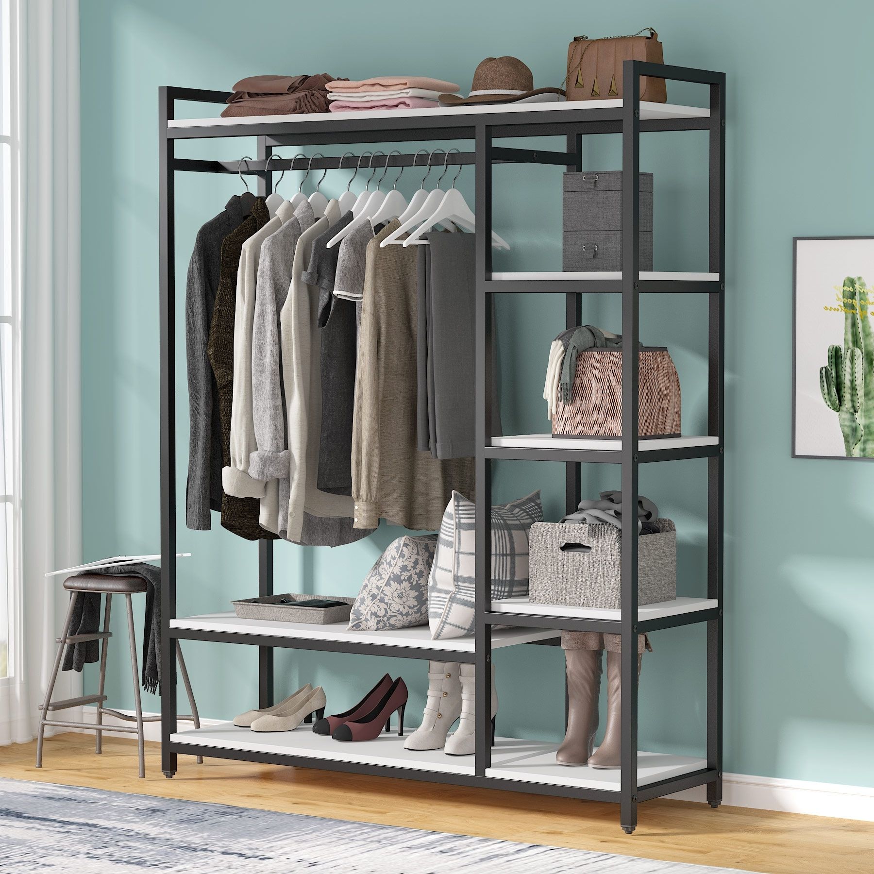 Tribesigns Free Standing Closet Organizer With 6 Storage Shelves And Hanging  Bar, Large Standing Clothes Garment Rack – On Sale – Bed Bath & Beyond –  32566944 Inside Standing Closet Clothes Storage Wardrobes (Gallery 4 of 20)