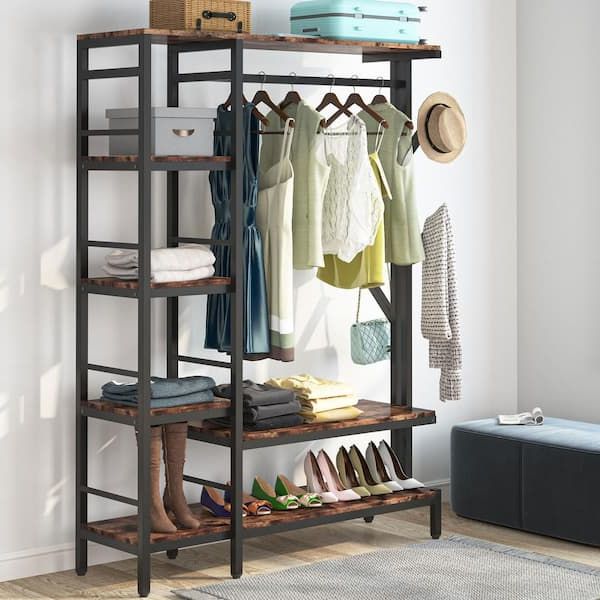 Tribesigns Way To Origin Billie Brown Closet System Starter Kit Garment  Rack With Shelves Hang Rod,4 Hooks (70.9 In. X 47.2 In. X 15.8 In.)  Hd F1197 Wzz – The Home Depot Intended For Heavy Duty Wardrobes (Gallery 13 of 20)