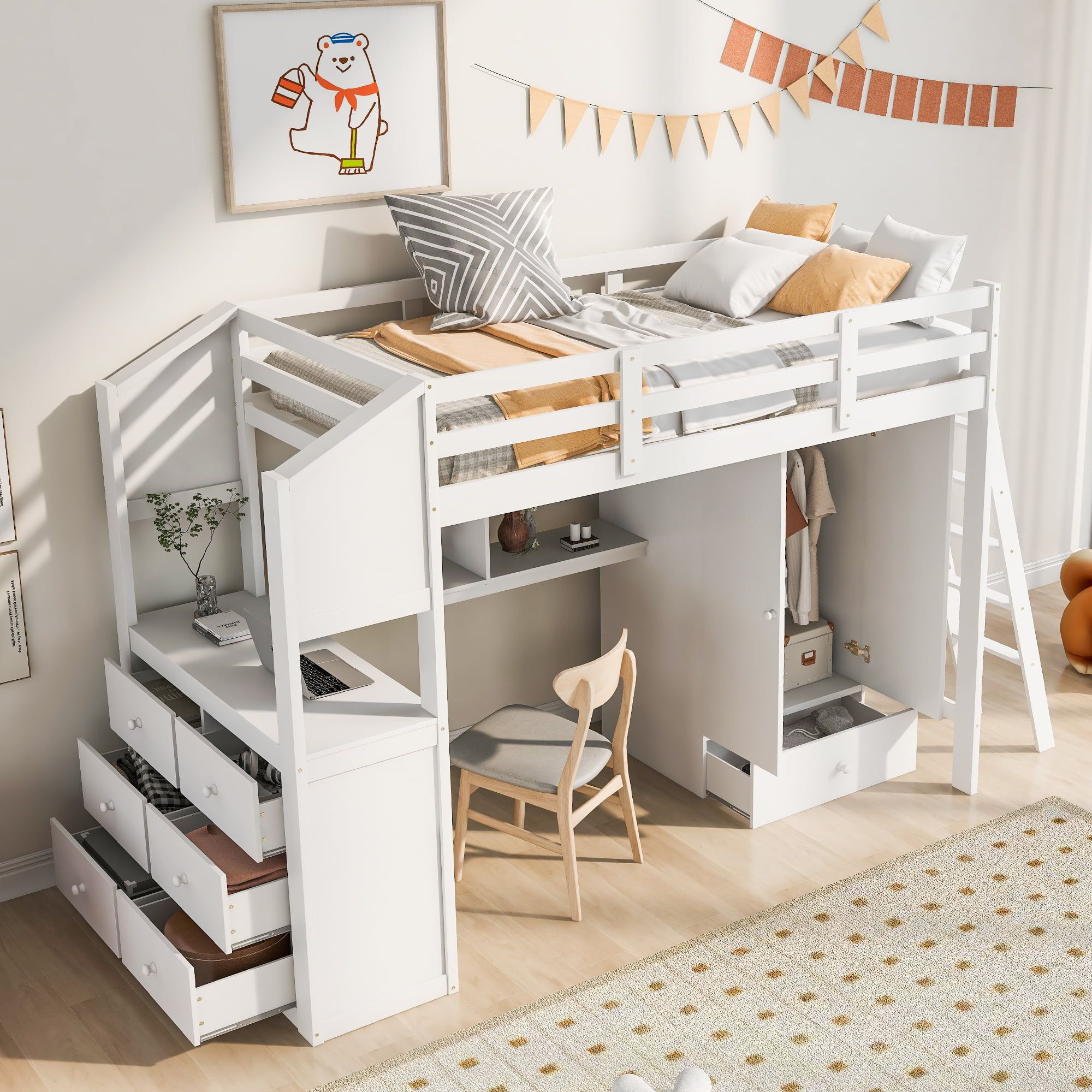 Twin Size Loft Bed With Wardrobe And Drawers, Attached Desk With Shelves –  Cool Toddler Beds Intended For High Sleeper Bed With Wardrobes (Gallery 18 of 20)