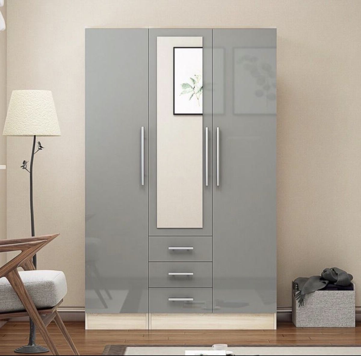 Unique 3 Door Combi Mirrored Wardrobe, 3 Drawers, In High Gloss  Grey/black/white | Ebay In Combi Wardrobes (View 6 of 20)