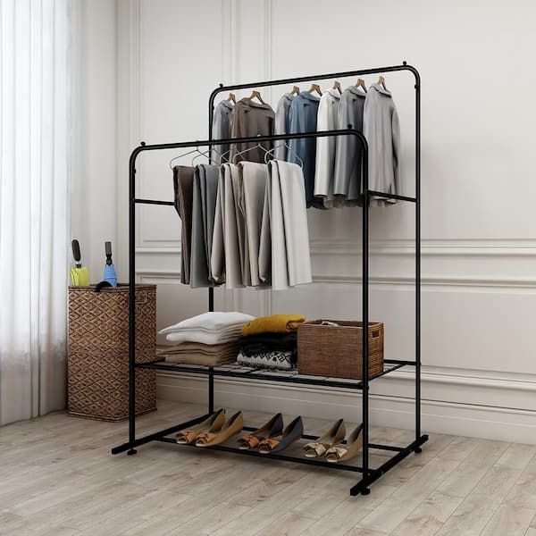 Urtr Black Garment Rack With Shelving Freestanding Hanger Metal Heavy Duty  Double Rods Multi Functional Bedroom Clothing Rack T 01312 Bk – The Home  Depot Inside Double Black Covered Tidy Rail Wardrobes (View 15 of 20)