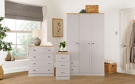 Vienna 3 Piece 3 Door Wardrobe Bedroom Furniture Set, Stone Grey Finish &  Oak Finish, Natural Oak Effect | Furniture And Choice Throughout Wardrobes And Chest Of Drawers Combined (Gallery 16 of 20)