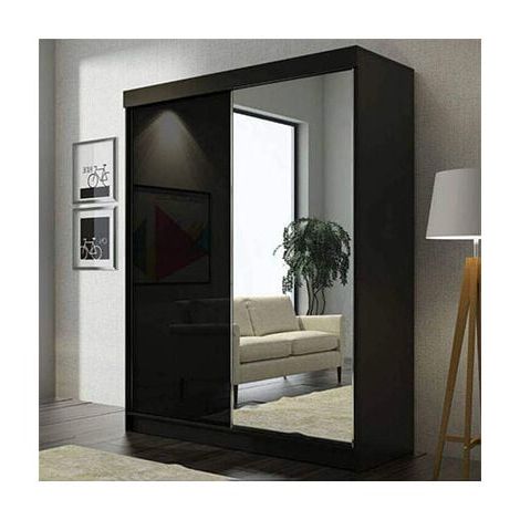 Vikas High Gloss 2 Sliding Door Wardrobe With Mirror And Drawers 120cm –  Black In Black Gloss Mirror Wardrobes (View 12 of 14)