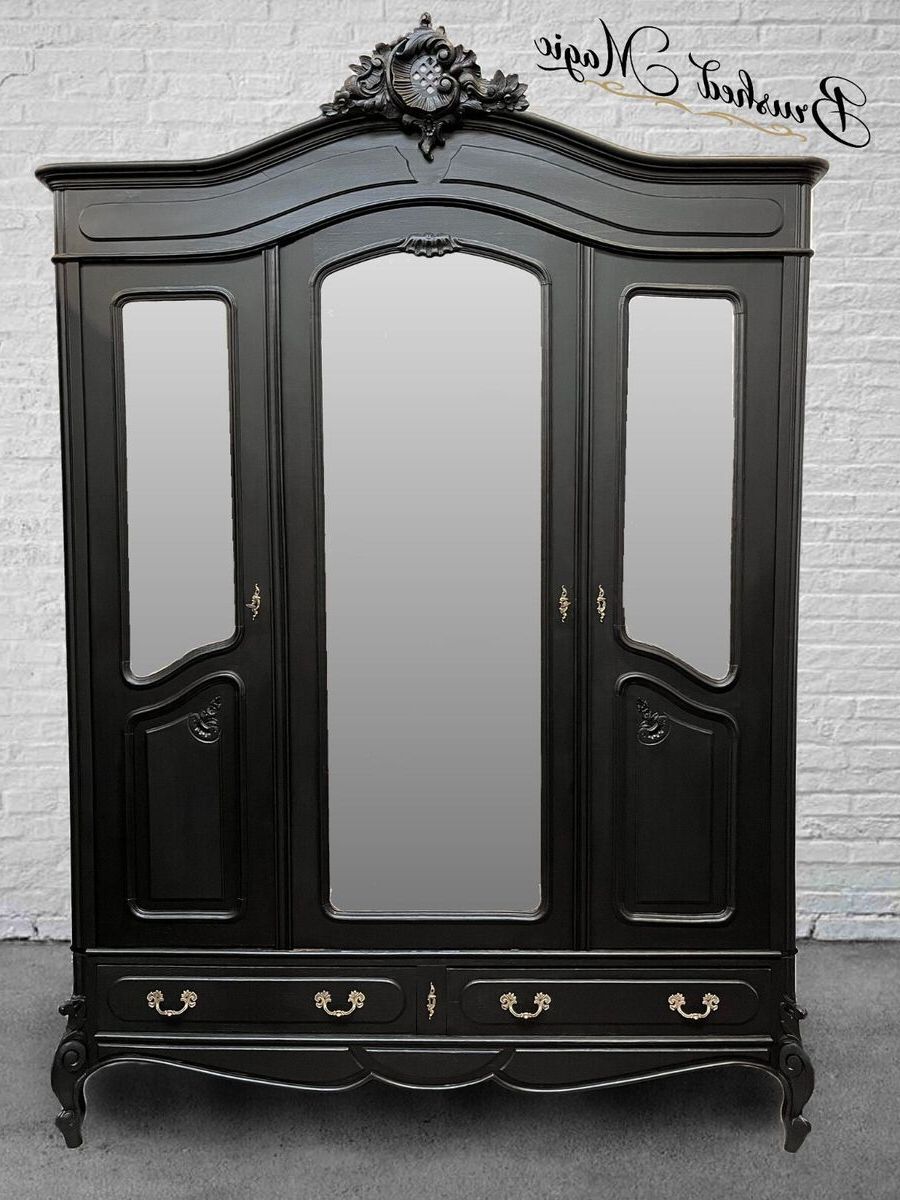 Vintage Oak Louis Xv Style French Armoire 2 Door Mirrored Wardrobe &  Drawers | Ebay Pertaining To Black French Style Wardrobes (Gallery 18 of 20)