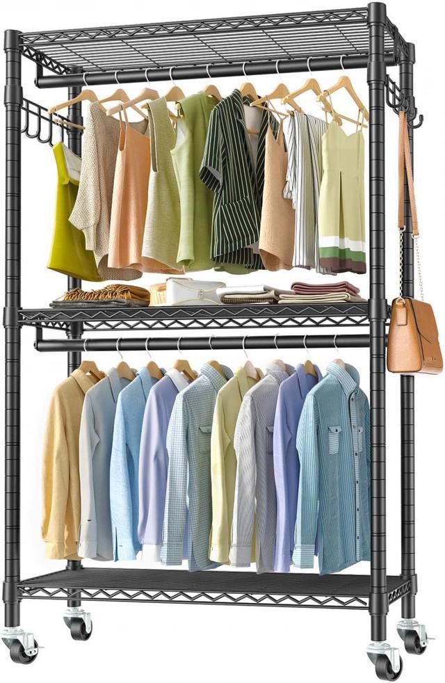 Vipek V12 Portable Closets Heavy Duty Rolling Garment Rack 3 Tiers  Adjustable Wire Shelving Clothes Rack With Double Rods And Side Hooks,  Freestanding Wardrobe Storage Rack Metal Clothing Rack, Black – Newegg Intended For 2 Tier Adjustable Wardrobes (View 10 of 20)
