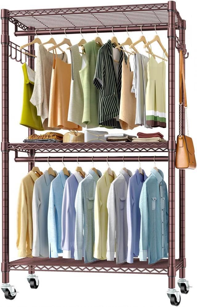 Vipek V12 Rolling Clothes Rack For Hanging Clothes Heavy Duty Clothing Rack  3 Tiers Adjustable Metal Wire Shelving Garment Rack With Wheels Side Hooks,  Closet Organizers And Storage Wardrobe, Bronze – Newegg Inside Wire Garment Rack Wardrobes (View 4 of 20)