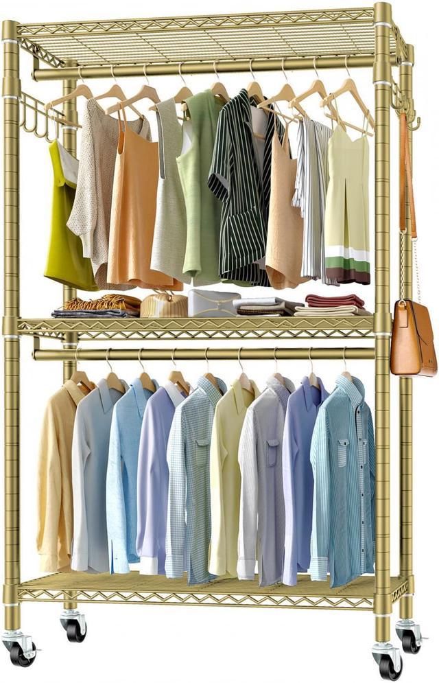 Vipek V12 Rolling Clothes Rack For Hanging Clothes Portable Closets Heavy  Duty Garment Rack 3 Tiers Adjustable Wire Shelving Clothing Rack With  Double Hanging Rods, Closet Organizers And Storage, Gold – Newegg With 2 Tier Adjustable Wardrobes (View 13 of 20)