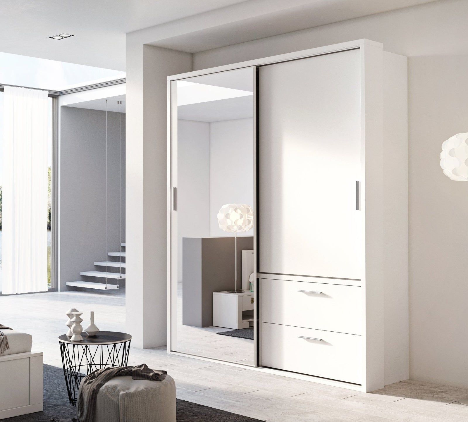 Vision Sliding Wardrobe With Drawers In White | 2 Door – 180cm Inside White 2 Door Wardrobes With Drawers (Gallery 15 of 20)