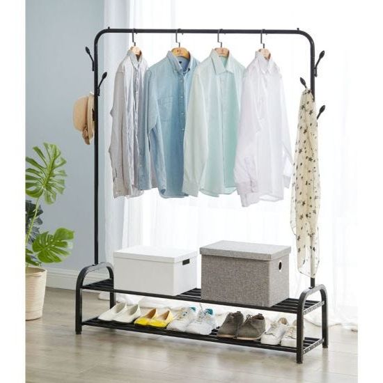 Vivo Heavy Duty Clothes Hanging Rail With Double Shoe Rack Shelf And Hooks  Black | Robert Dyas Intended For Double Black Covered Tidy Rail Wardrobes (View 9 of 20)