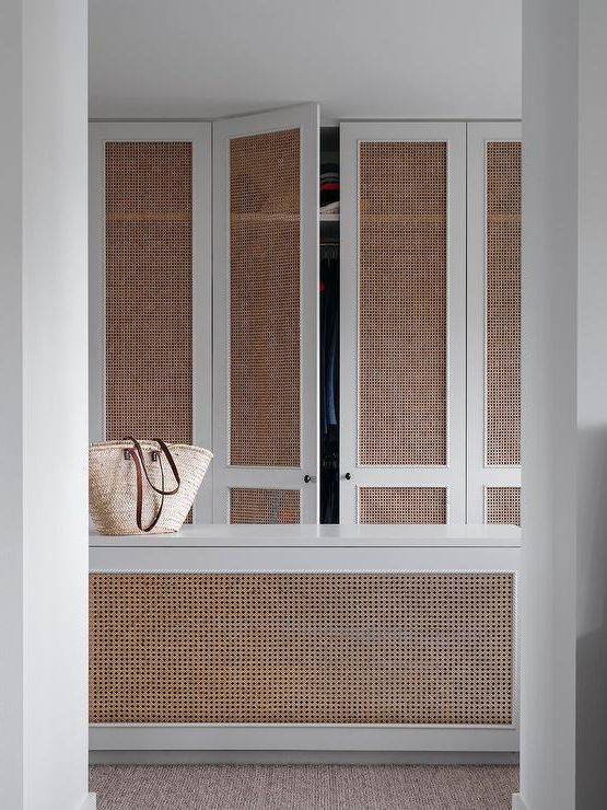 Walk In Closet With Cane Wardrobe Doors – Transitional – Closet Pertaining To White Rattan Wardrobes (View 5 of 20)