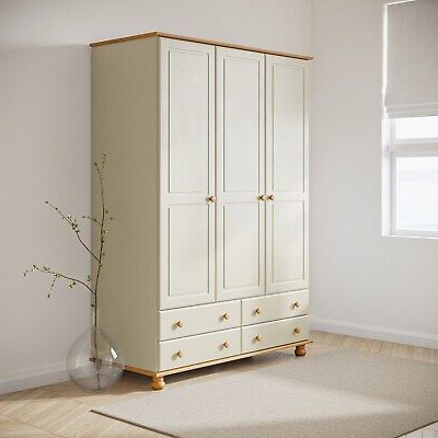 Wardrobe 3 Door 4 Drawer Cream Solid Pine Wooden With Bun Feet Classic  Style 5056096005745 | Ebay Regarding 3 Door Pine Wardrobes (View 12 of 20)