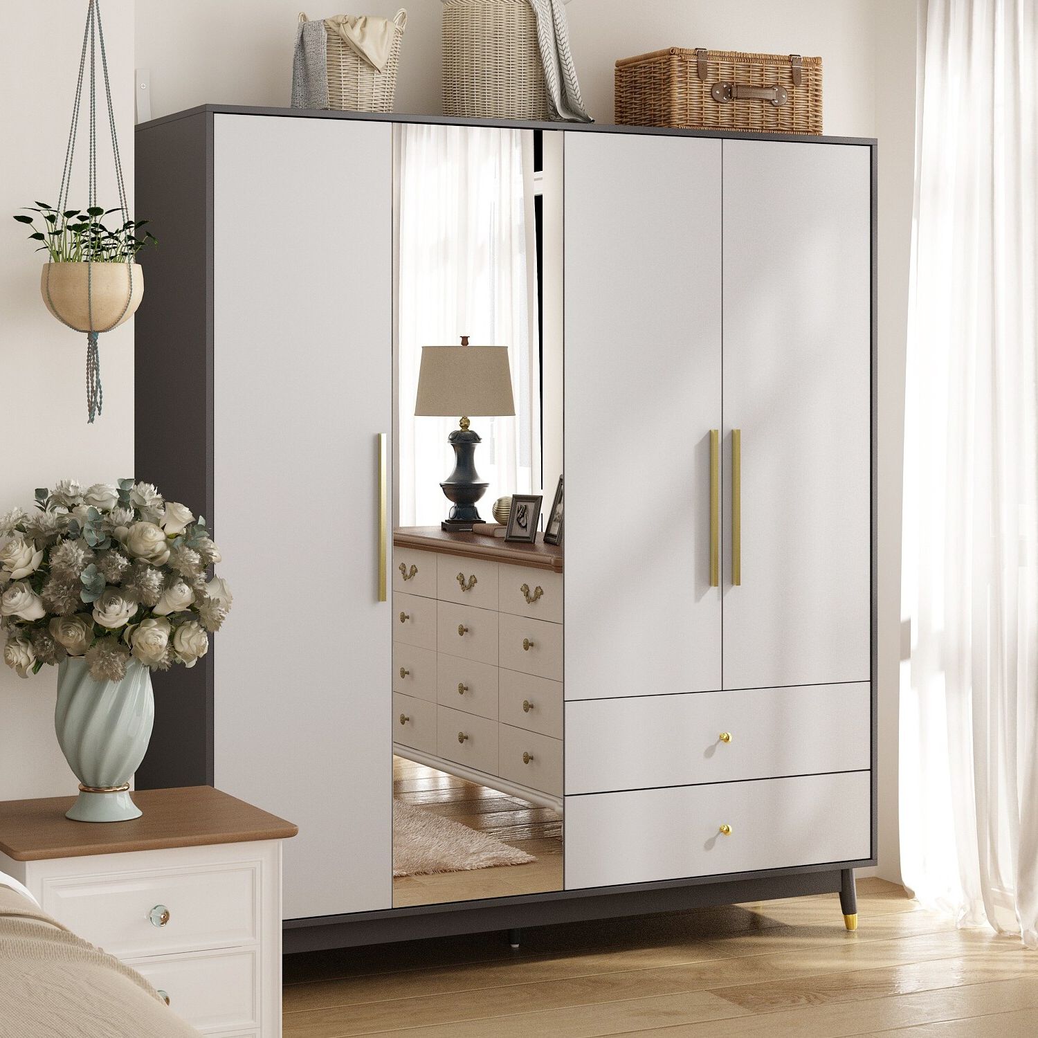 Wardrobe Armoire Closet With Mirror Wardrobe Cabinet With 2 Drawers – Bed  Bath & Beyond – 37684302 Inside Wardrobes With Mirror And Drawers (Gallery 20 of 20)