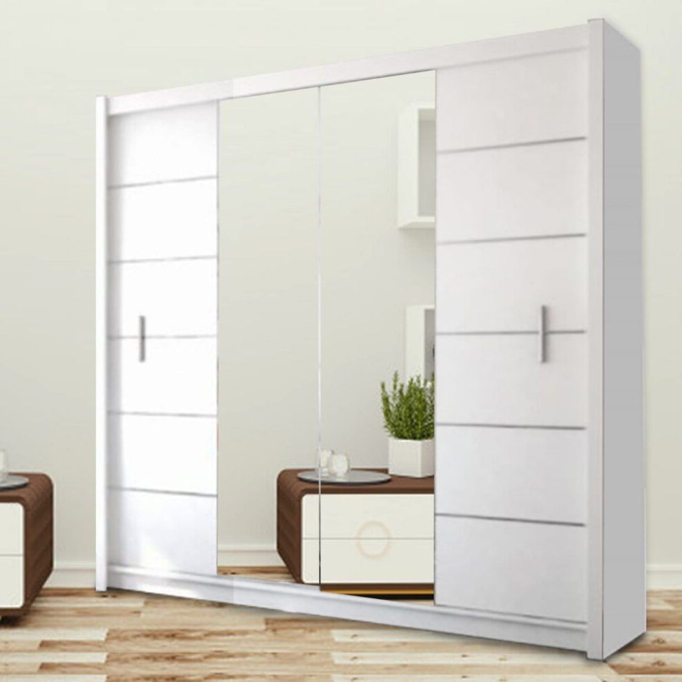 White , 203cm) Lisbon Mirrored Bedroom Wardrobes Sliding Double Doors On  Onbuy In White Double Wardrobes With Drawers (View 18 of 20)