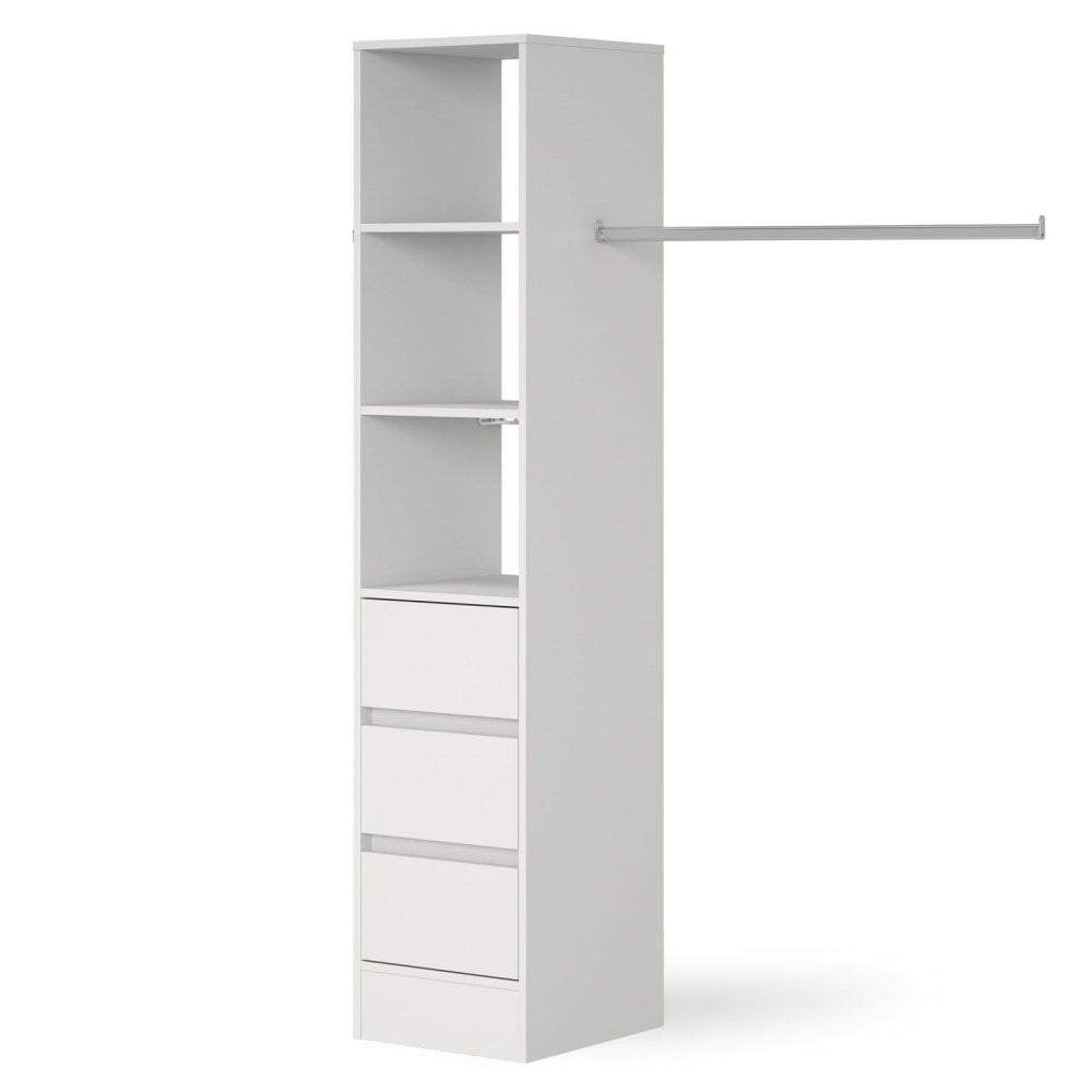 White Deluxe 3 Drawer Wardrobe Tower Shelving Unit With Hanging Bars –  Interiors Plus In 3 Shelving Towers Wardrobes (Gallery 6 of 20)