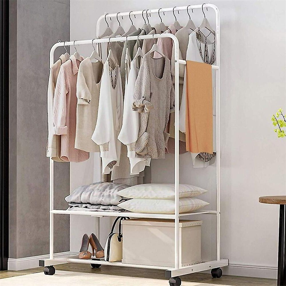 White Elegant Garment Stand Dual Clothes Rack Rail Rolling Hanging Shelf  Closet | Fruugo Fr With Regard To Double Clothes Rail Wardrobes (Gallery 1 of 20)