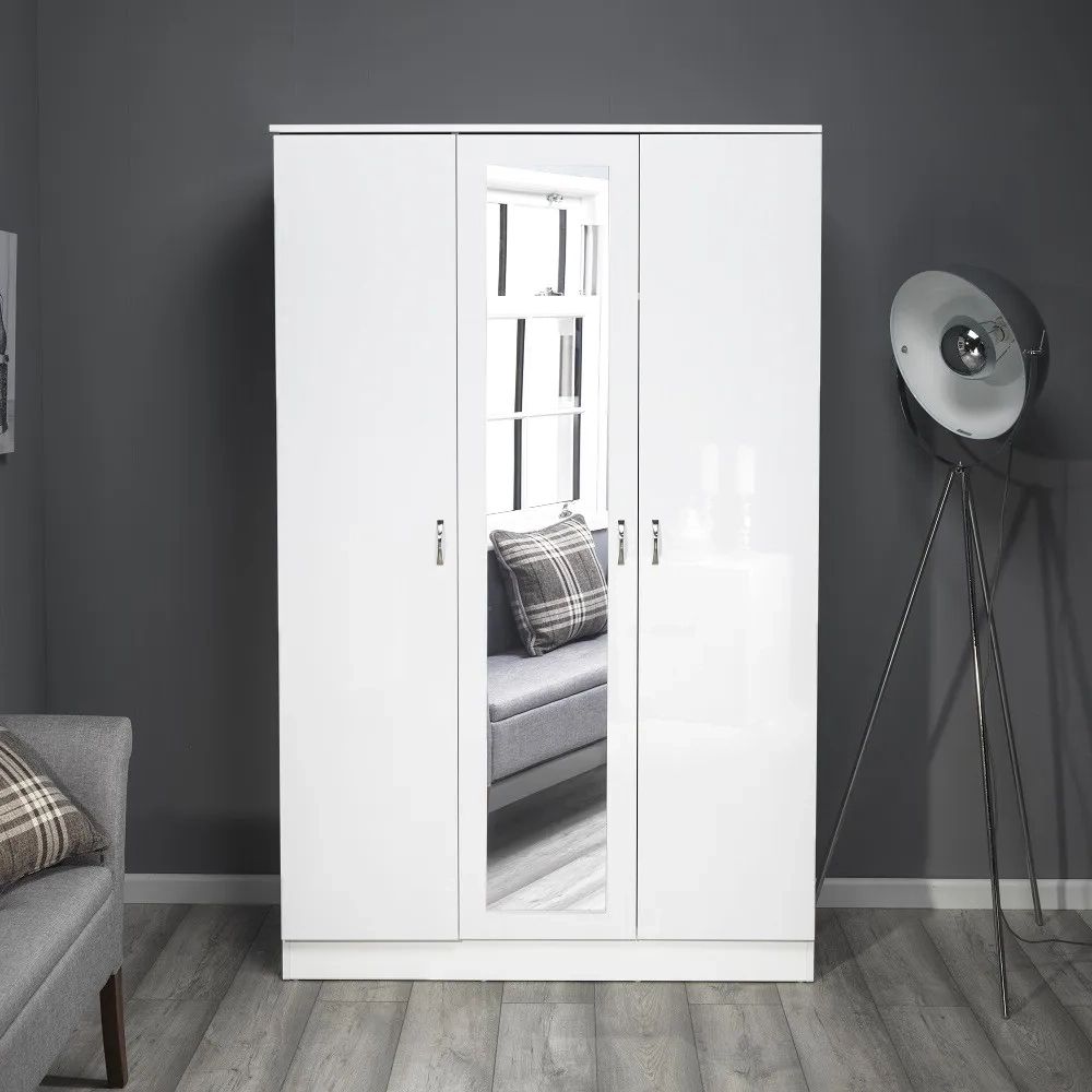 White Gloss 3 Door Triple Mirrored Wardrobe Full Length Hanging Rail &  Shelves | Ebay Pertaining To White Gloss Mirrored Wardrobes (View 7 of 20)