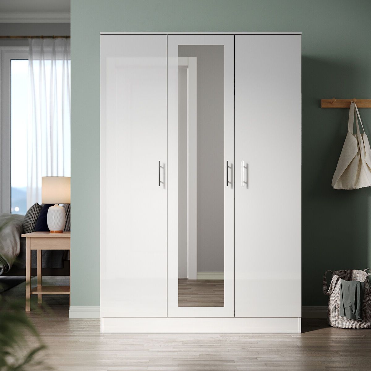 White Gloss 3 Door Triple Mirrored Wardrobe With Hanging Rail & Shelves  Bedroom | Ebay Regarding White Gloss Mirrored Wardrobes (Gallery 17 of 20)