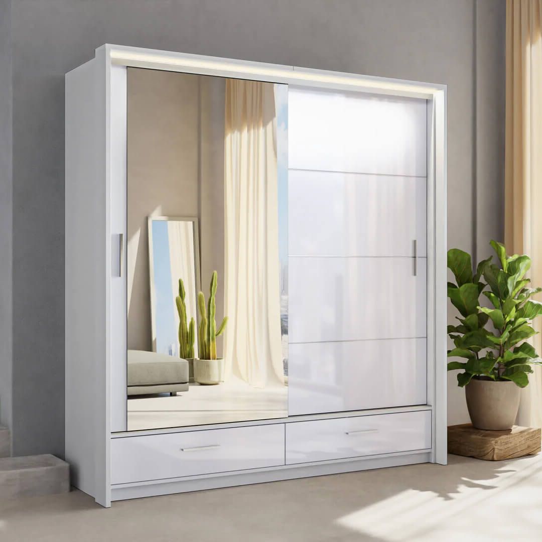 White Gloss Wardrobe With 2 Sliding Mirror Doors – Tender Slee In One Door Mirrored Wardrobes (View 10 of 20)