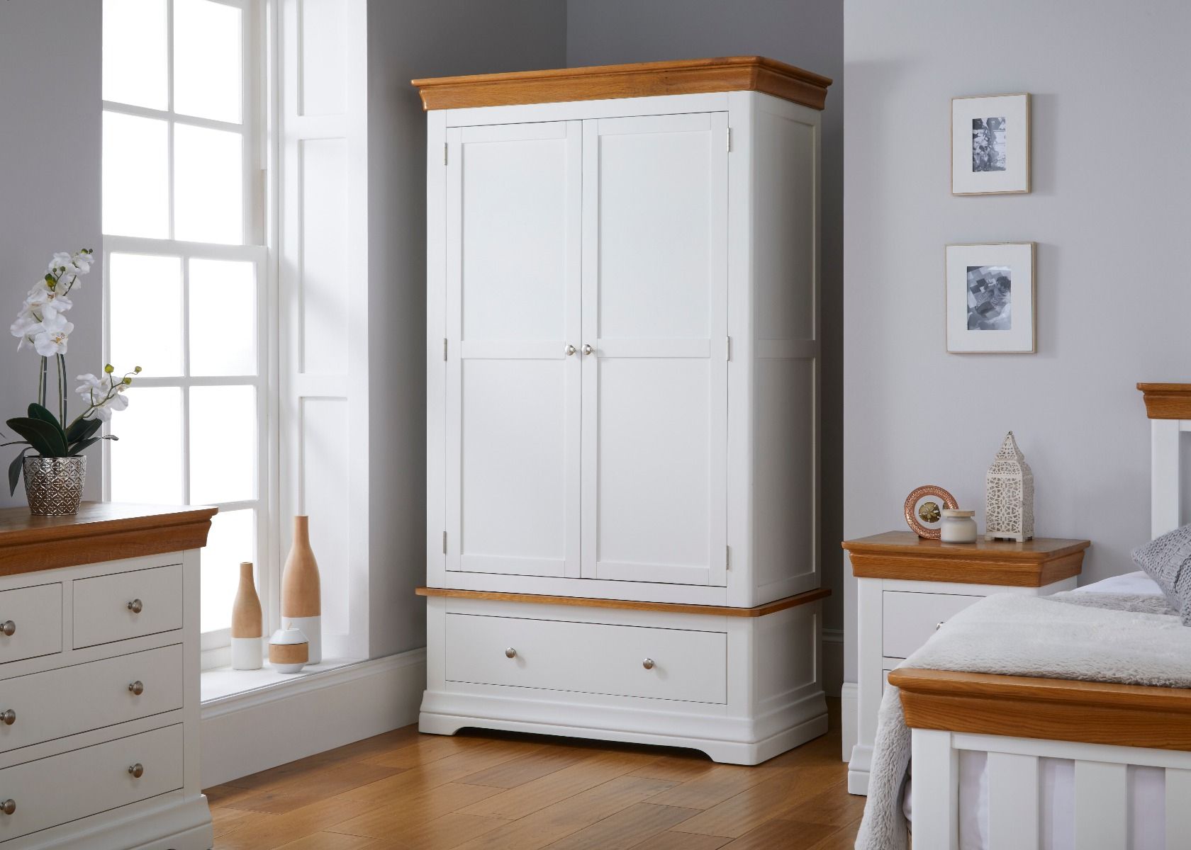 White Painted Double Oak Wardrobe – Free Delivery | Top Furniture For Double Rail Oak Wardrobes (View 6 of 20)