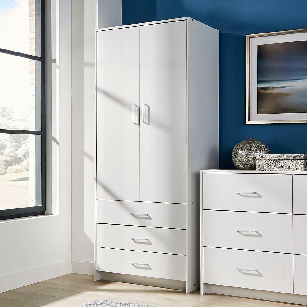 White Wardrobe 2 Door 3 Drawer With Hanging Rail And Storage Shelf Bedroom  Unit | Ebay Pertaining To 3 Door White Wardrobes (View 8 of 20)