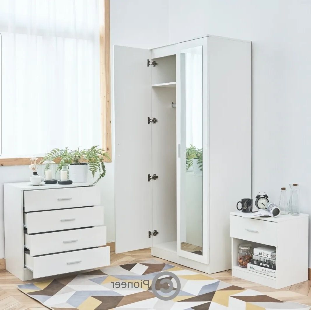 White Wardrobe With Mirror Wardrobe 4 Drawer Chest Bedside Bedroom Set |  Ebay For White Wardrobes With Drawers And Mirror (View 12 of 20)