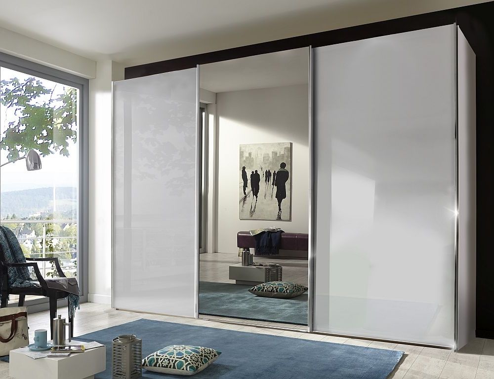Wiemann Miami Plus 3 Door Mirror Sliding Wardrobe In White Glass – W 300cm  – Cfs Furniture Uk For White 3 Door Mirrored Wardrobes (Gallery 9 of 20)