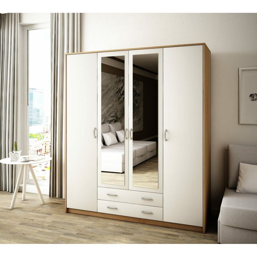 Wiktoria 4 Door 2 Drawer Mirrored Wardrobe – White And Light Oak | Jd  Furniture In 4 Door Mirrored Wardrobes (View 15 of 20)