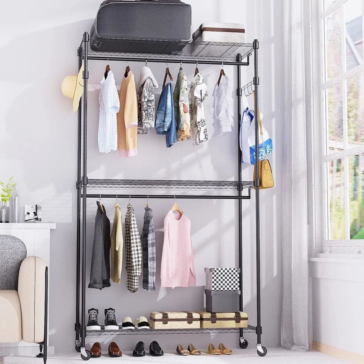 Wire Shelving Clothes Closet Organizer Garment Rack Rolling Shelf With B  125 | Ebay Pertaining To Wire Garment Rack Wardrobes (View 11 of 20)