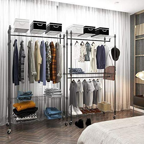 Wire Shelving Clothes Closet Organizer Garment Rack Rolling Shelf With Side  Hook | Ebay In Wire Garment Rack Wardrobes (View 3 of 20)