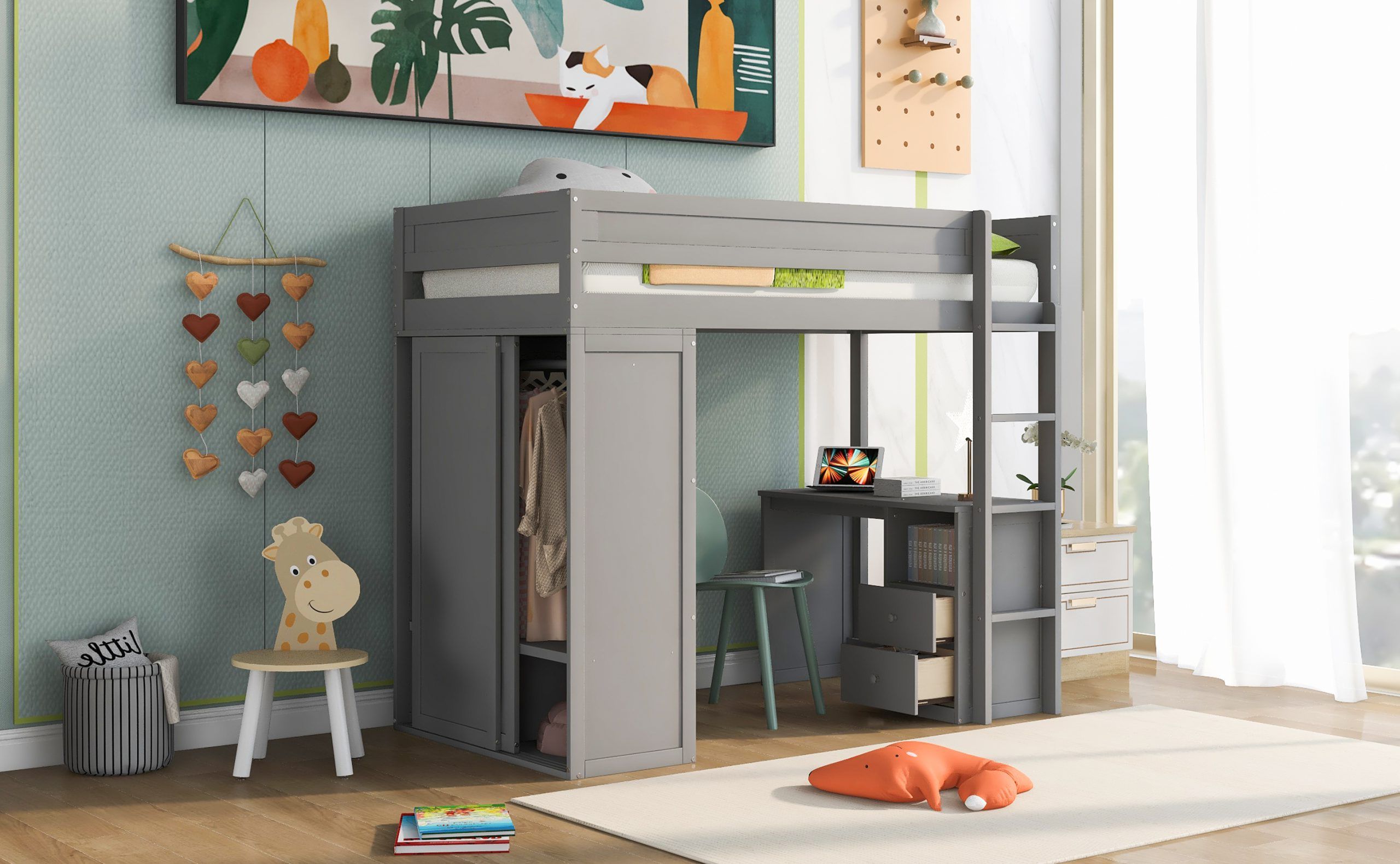 Wood Twin Size Loft Bed With Wardrobes And 2 Drawer Desk With Cabinet –  Cool Toddler Beds With High Sleeper Bed With Wardrobes (View 10 of 20)