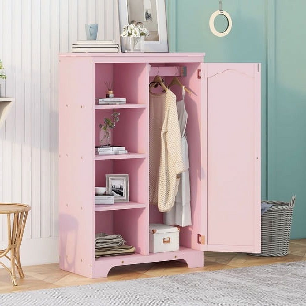 Wooden Cabinet, Wood Wardrobes With 1 Door And 4 Open Shelves, Bathroom  Floor Cabinet Wooden, Bedroom Dorm Storage Chest, Side Cabinet Storage  Organizer With Clothes Rail For Living Room, Pink – Walmart Intended For Rail Clothes Storage Cupboard Wardrobes (View 16 of 20)