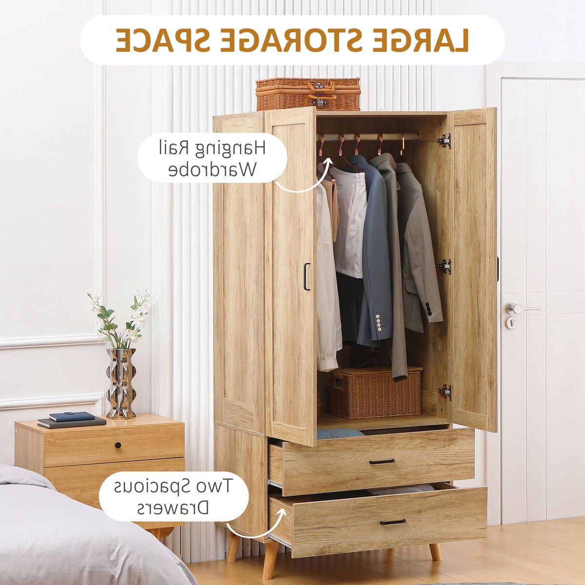 Wooden Wardrobe Double Door Closet Hanging Rail Clothing Storage Organiser  Shelf | Ebay In Wardrobes With Double Hanging Rail (View 9 of 20)