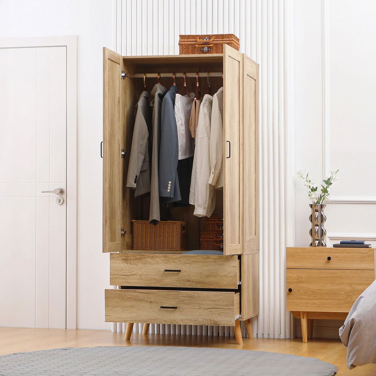 Wooden Wardrobe Double Door Closet Hanging Rail Clothing Storage Organiser  Shelf | Ebay Within Wardrobes With Double Hanging Rail (View 15 of 20)