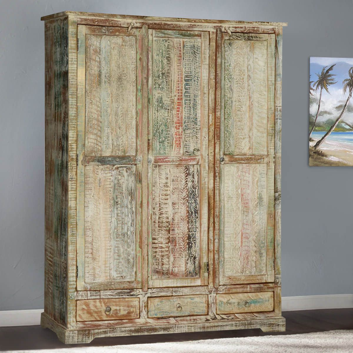 Woodsburgh Distressed Solid Wood Large Wardrobe With Drawer Pertaining To Large Wooden Wardrobes (View 9 of 20)