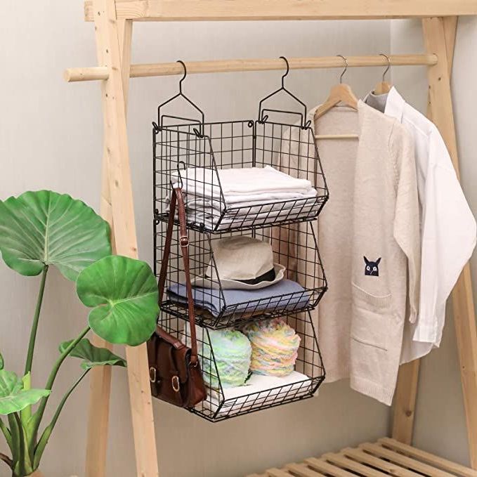 X Cosrack 3 Tier Foldable Closet Organizer, Clothes Shelves With 5 S Hooks,  Wall Mount&cabinet Wire Storage Basket Bins, For Clothing Sweaters Shoes  Handbags Cl… | Storage Closet Organization, Clothes Shelves, Wire Closet  Organizers For 3 Shelf Hanging Shelves Wardrobes (View 9 of 20)