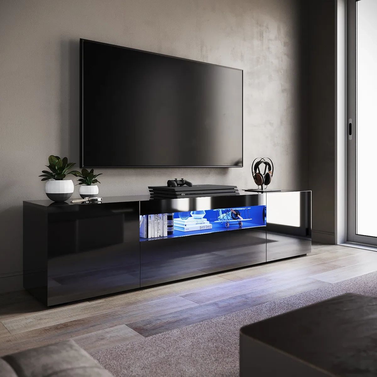 200cm High Gloss Tv Stand Black Cabinet Unit Doors Storage With Rgb Led  Cupboard | Ebay In Black Rgb Entertainment Centers (Gallery 10 of 20)
