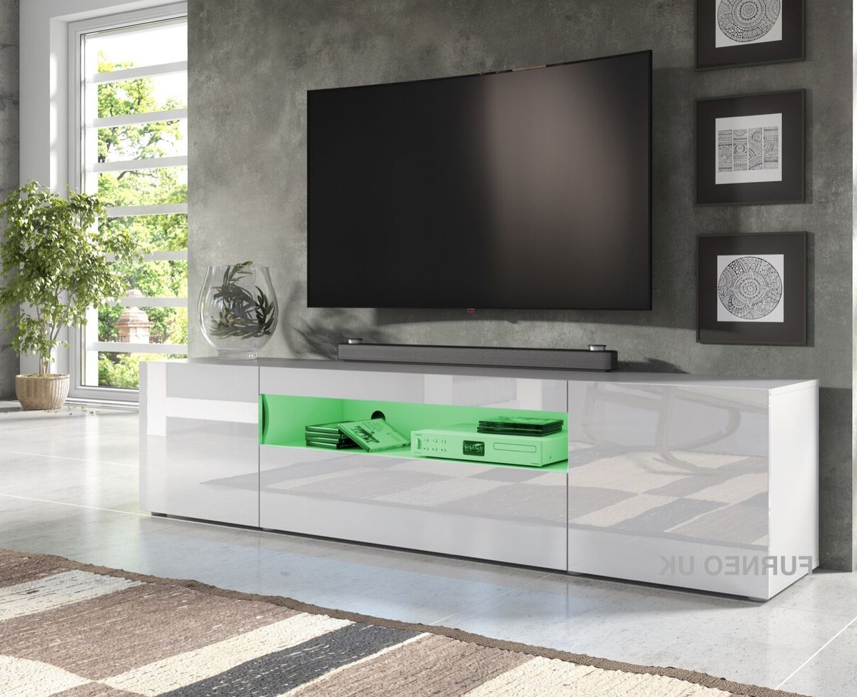 200cm Tv Stand White Unit Modern Long Cabinet Gloss &matt Clifton8 Led  Lights | Ebay Pertaining To Tv Stands With Lights (Gallery 8 of 20)