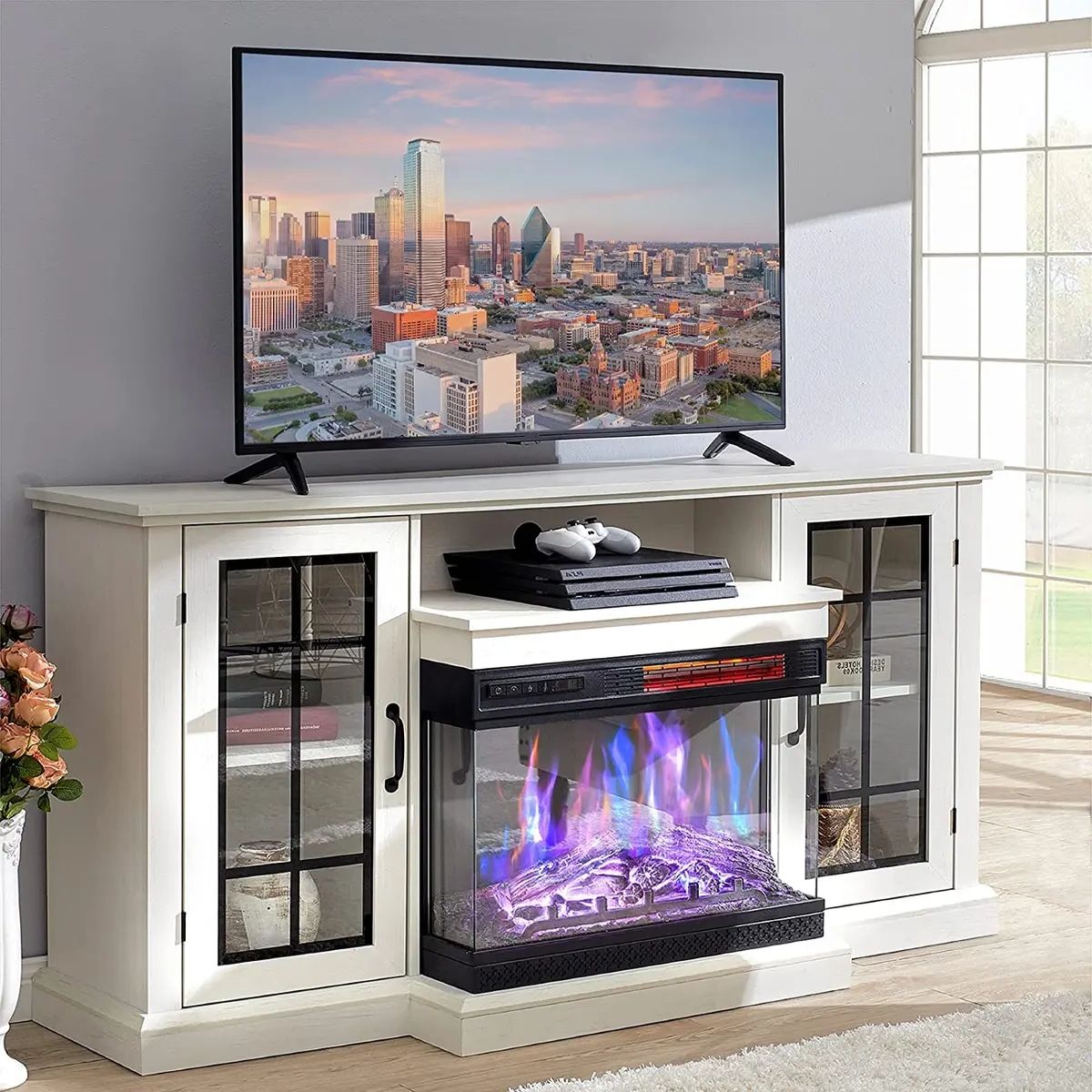 3 Sided Glass Fireplace Tv Stand For Tvs Up To 65", Glass Door, Distressed  White | Ebay Throughout Modern Fireplace Tv Stands (View 13 of 20)