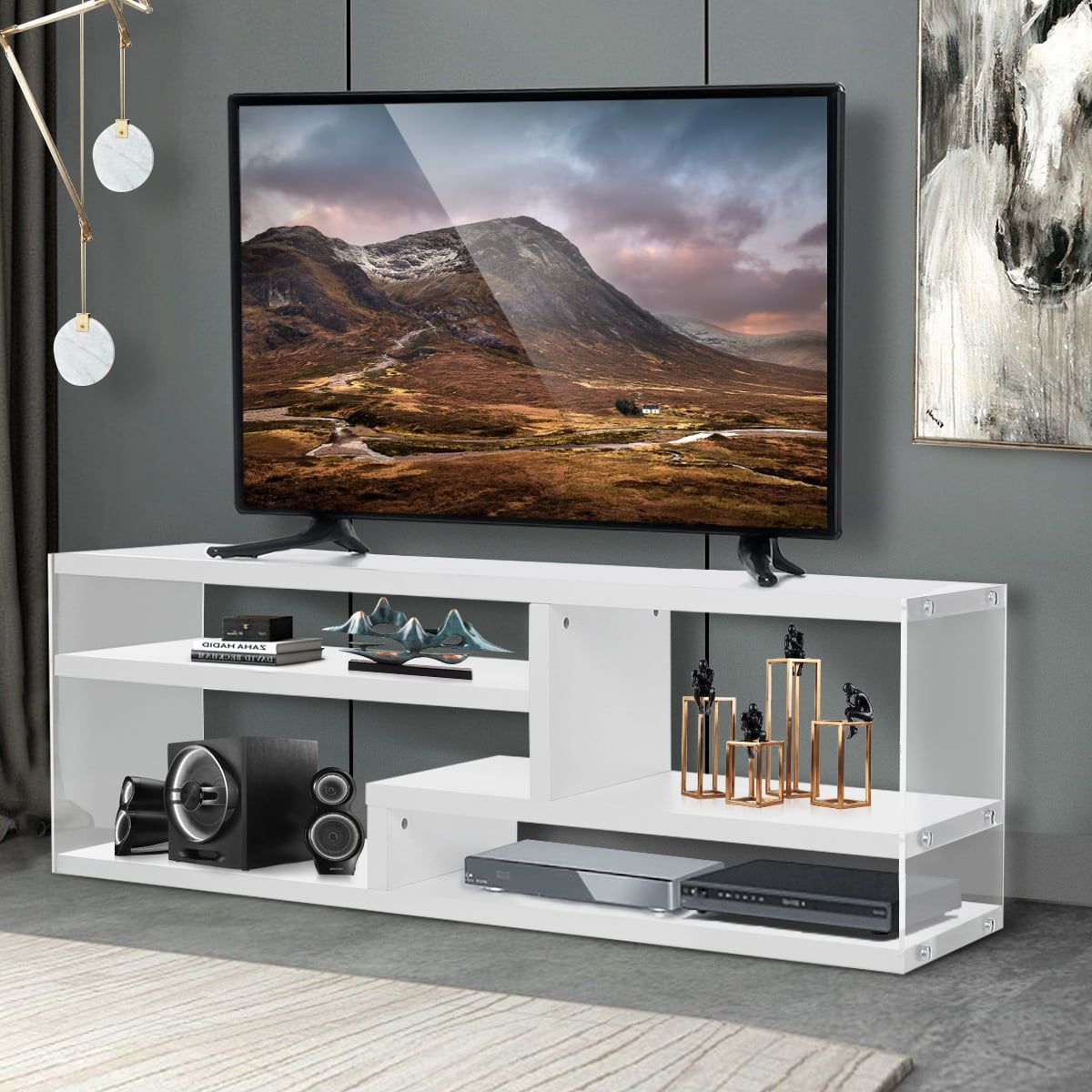 51 White Wood Tv Stand With Acrylic For Tvs Up To 55 India | Ubuy Inside Modern Stands With Shelves (View 3 of 20)