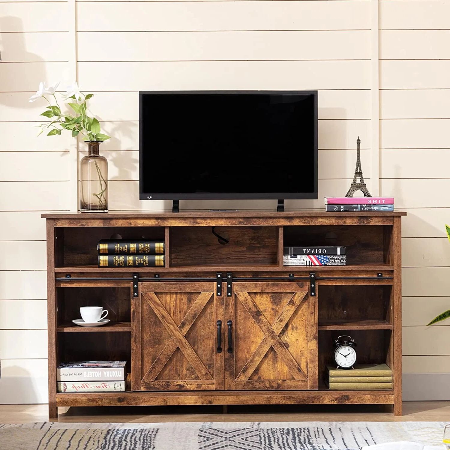 57” Wooden Farmhouse Tv Stand For 60/65 Inch Tv, Double Layer Storage  Entertainment Center Tv Console Table, W Double Row Sockets And 2 Sliding  Barn Door – China Living Room Furniture, Tv Stands | For Farmhouse Stands With Shelves (Gallery 15 of 20)